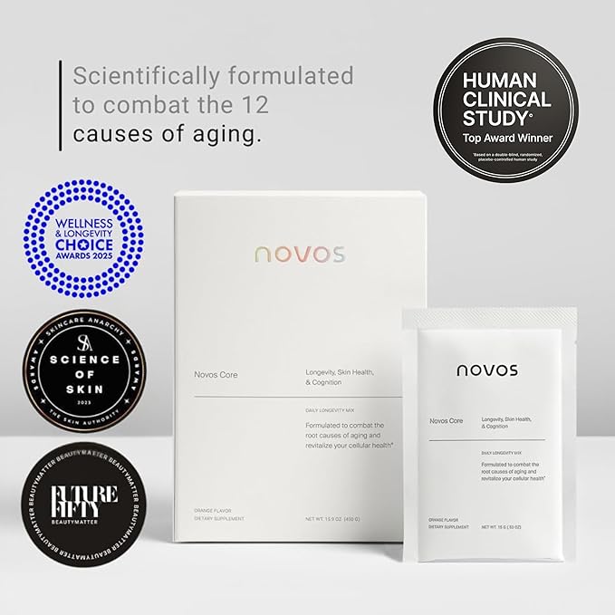 Novos Core Clinical Longevity Mix | Anti-Aging Supplement Drink Mix for Men & Women | Magnesium, L-Theanine, Fisetin and More | Supports Energy, Mood, Sleep & Cognition | Orange Flavor (30 Servings)