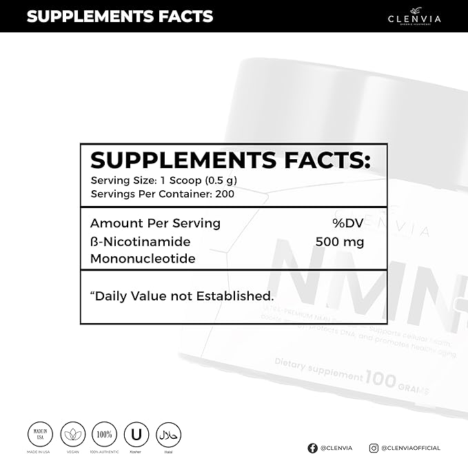 Ultra-Premium NMN Powder – 500mg per Serving – NAD⁺ Support, Cellular Energy & Healthy Aging – Vegan, Non-GMO, Lab Tested – 100g (200 Servings) + Stainless Steel Dosing Spoon