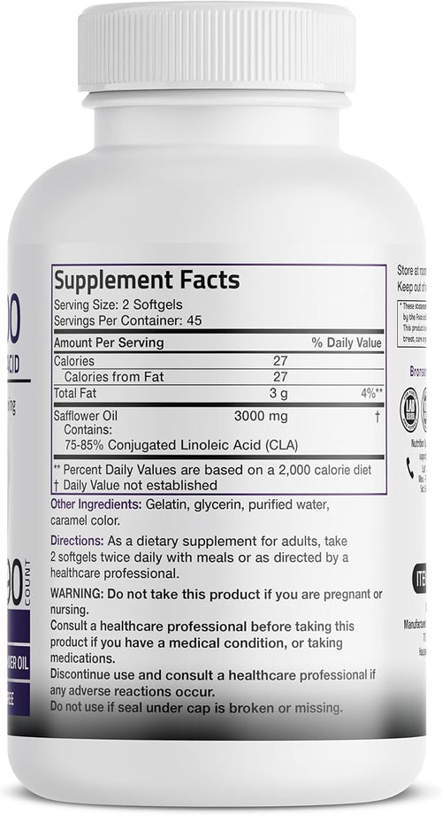 Bronson CLA 3000 Extra High Potency Supports Healthy Weight Management Lean Muscle Mass Non-Stimulating Conjugated Linoleic Acid, 90 Softgels