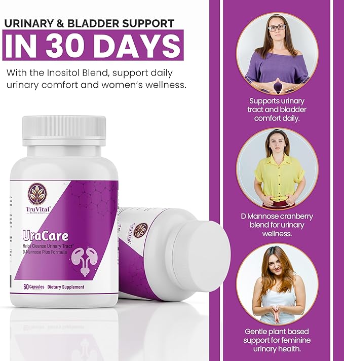 TRUVITAL™ UraCare D-Mannose & Cranberry Extract - Bladder Support & Cleanse for Women - with Hibiscus & Dandelion Root - Fast Acting Formula - Vegan Made in USA 60 Capsules
