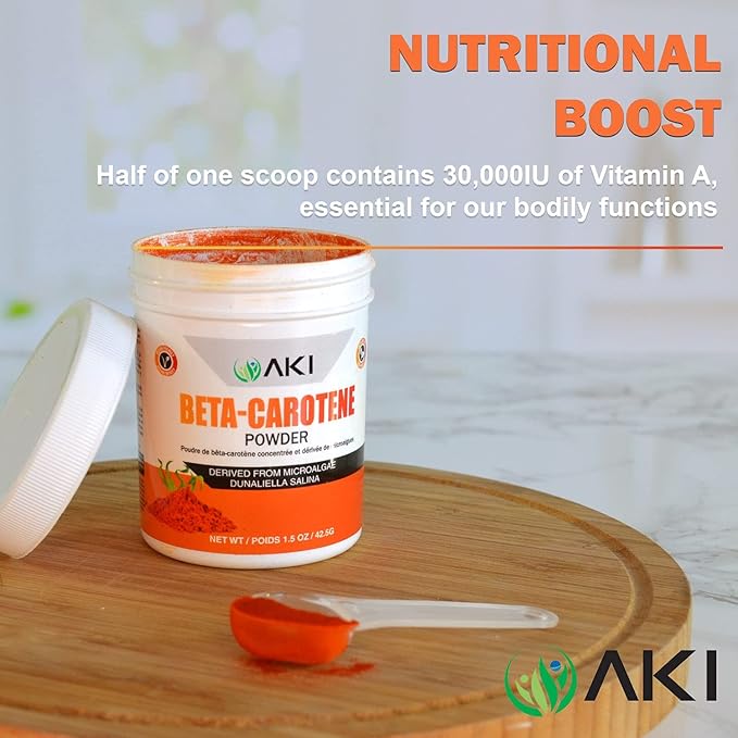 AKI Beta Carotene 10% Powder (1.5oz/42.52g) Highly Concentrated flavouring Fount of Vitamin A, May Helps to Support Body Functions, Skin, Immune System and Eye - GMO Free & Vegan Friendly