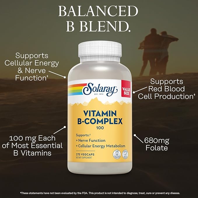SOLARAY Vitamin B Complex 100mg - Cellular Energy, Nerve and Heart Health Support - Supplies All 8 B Complex Vitamins - Vitamin B12, B1, B2, B3, B6, Niacin, Folic Acid and Biotin - Vegan, 275 Servings