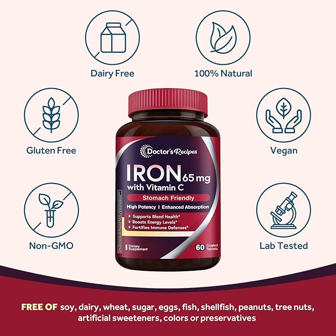 Doctor's Recipes Iron Supplement 65 mg with Vitamin C - Maximized Absorption & Stomach Friendly Iron Pills for Red Blood Cells Formation, Heart, Brain & Immunity Health - Vegan Non-GMO 180 Iron Tabs
