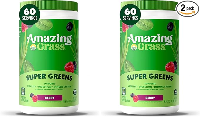 Amazing Grass Greens Blend Superfood: Super Greens Powder Smoothie Mix with Spirulina,Chlorella,Beet Root Powder,Digestive Enzymes & Probiotics,Berry,60 Servings (Packaging May Vary),(Pack of 2)