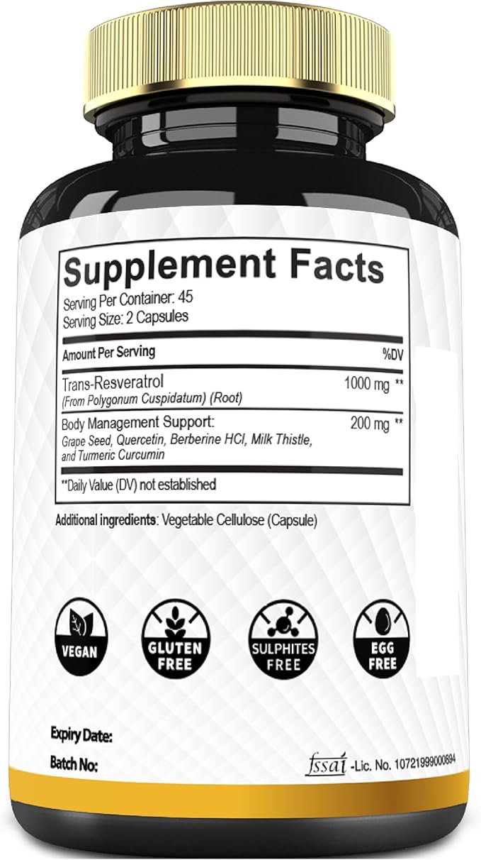Trans Resveratrol Supplement with Grape Seed, Milk Thistle, and More - Resveratrol - 6 Herbal Supports for Immune System, Heart Health, Body Management - 90 Capsules