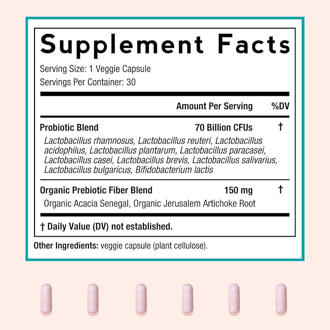 Doctor's Recipes Probiotics for Women, Organic Prebiotics and Probiotics, 70 Billion CFU, 10 Strains, Shelf Stable, 30 Capsules