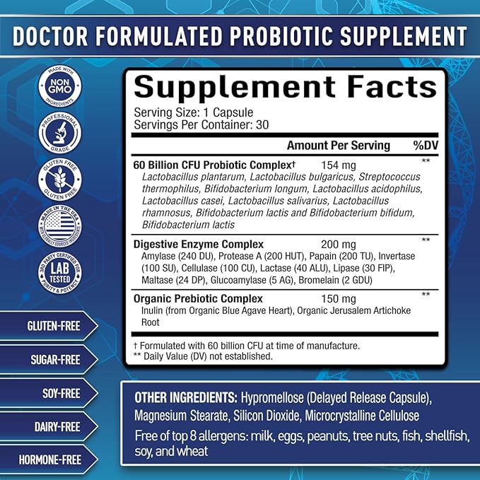 Purely Optimal Probiotics for Digestive Health, 60 Billion CFU – Delayed-Release with Digestive Enzymes & Organic Prebiotics – Bloating, Immune & Energy Support, 30 Caps