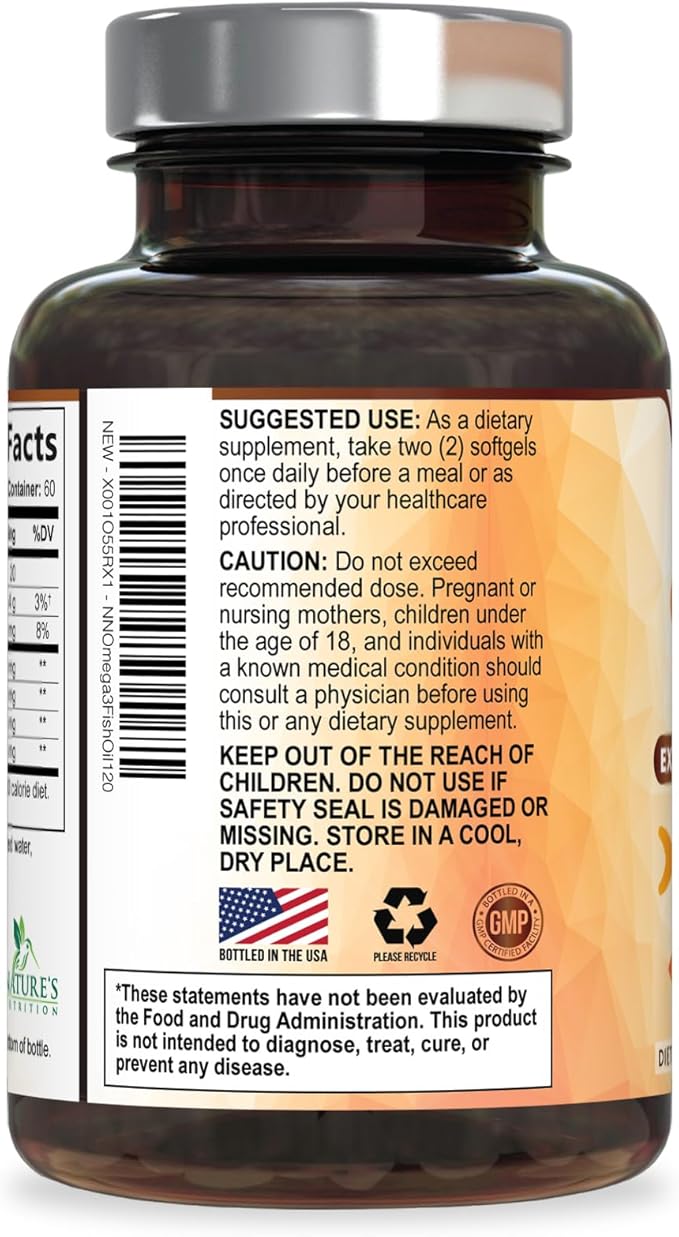 Omega 3 Fish Oil Supplements - 2400mg Fish Oil Per Serving - Triple Strength Omega-3 with EPA & DHA Fatty Acids - Natural Heart, Brain & Immune Support - Wild Caught, Bottled in USA - 120 Softgels