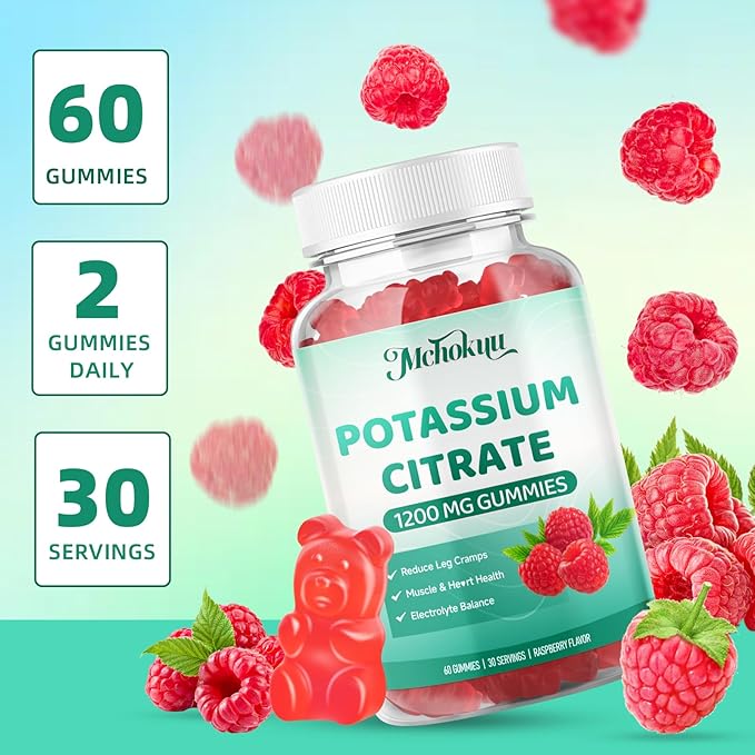 Potassium Citrate Supplement Gummies, Potassium Supplements for Women & Men, Helps Maintain Muscle Wellness & Electrolyte Balance, Vegan, Raspberry Flavor, 120 Count Potassium Gummies