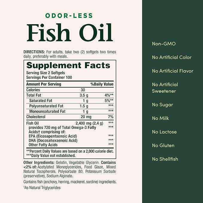 Nature's Bounty Fish Oil, Dietary Supplement with 360mg Omega-3, Supports Heart Health, 1200mg, 200 Softgels (Pack of 2)