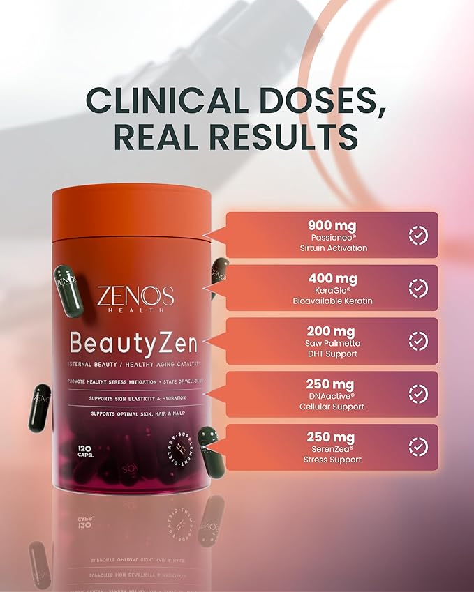 Zenos Health BeautyZen - Beauty Supplement for Hair Growth with DHT Blocker, Biotin Collagen Keratin & Antioxidants Supplement, Androgen Blocker, Anti Aging, Keratin Complex - Made in USA, 120 Caps