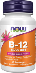 NOW Supplements, Vitamin B-12 5,000 mcg, With Folic Acid, Nervous System Health*, 60 Lozenges