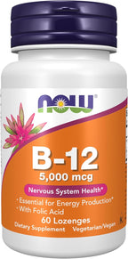 NOW Supplements, Vitamin B-12 5,000 mcg, With Folic Acid, Nervous System Health*, 60 Lozenges
