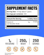 BulkSupplements.com Ascorbic Acid Powder - Vitamin C Supplement, for Immune Support - Ascorbic Acid Food Grade, Gluten Free, 1g per Serving, 250g (8.8 oz) (Pack of 1)