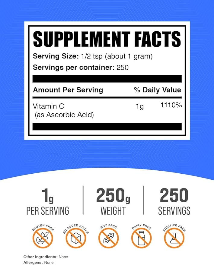 BulkSupplements.com Ascorbic Acid Powder - Vitamin C Supplement, for Immune Support - Ascorbic Acid Food Grade, Gluten Free, 1g per Serving, 250g (8.8 oz) (Pack of 1)
