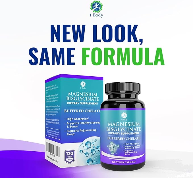 1 Body Magnesium Bisglycinate Capsules - Chelated Magnesium Supplement for Sleep Support, Muscle Cramps & Relaxation - High Absorption Formula Gentle on Stomach - 120 Count