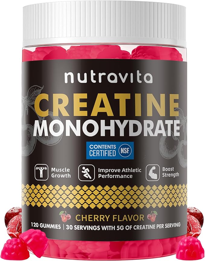 Nutravita NSF Certified Creatine Gummy - Creatine Monohydrate Gummies for Men & Women-5g of Creatine Monohydrate per Serving - Sugar Free,Vegan, Cherry Flavor, 120 Count