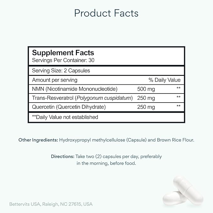 Bettervits NMN Supplement with Quercetin Powder| NAD+ Resveratrol Support Formula for Cells Regeneration, Energy and Anti-Aging Support | NAD Supplements for Women & Men - 60 Capsules