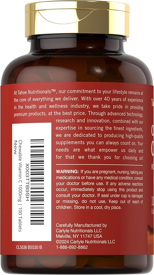 Carlyle Vitamin C Chewables | 1000mg | 100 Tablets | Natural Orange Flavor | Vegetarian, Non-GMO & Gluten Free Supplement | Tahoe Nutritionals