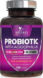 Probiotics for Digestive Gut Health - 50 Billion CFU Per Capsule, 10 Premium Strains & Prebiotics - Best Probiotics for Women & Men, Occasional Constipation, Gas, Immune Health Support - 120 Capsules