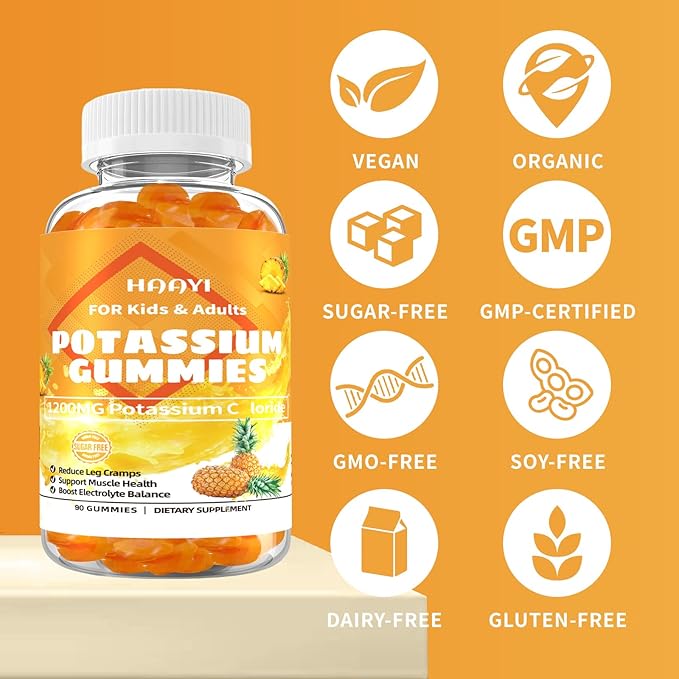 1200mg Potassium Chloride Supplement Gummies for Adults Women Men，High Potassium Supplement Support Leg Cramps & Electrolyte Balance& Heart Health， Sugar Free,Pineapple Flavor,90 Count