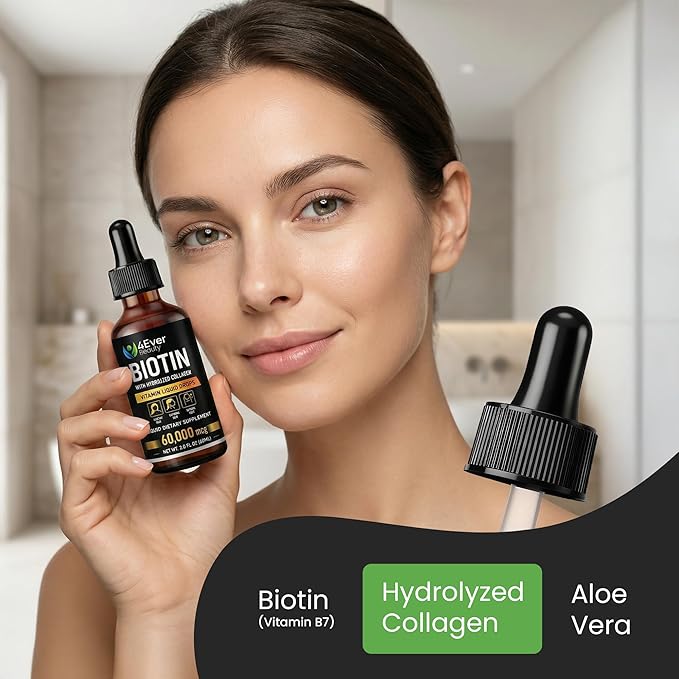 Liquid Biotin & Collagen Drops with Aloe Vera – Unique Formula 60,000 mcg - Vitamins for Hair Growth support, Strong Nails & Radiant Skin – Liquid Collagen Supplement for Women & Men – 2 fl oz