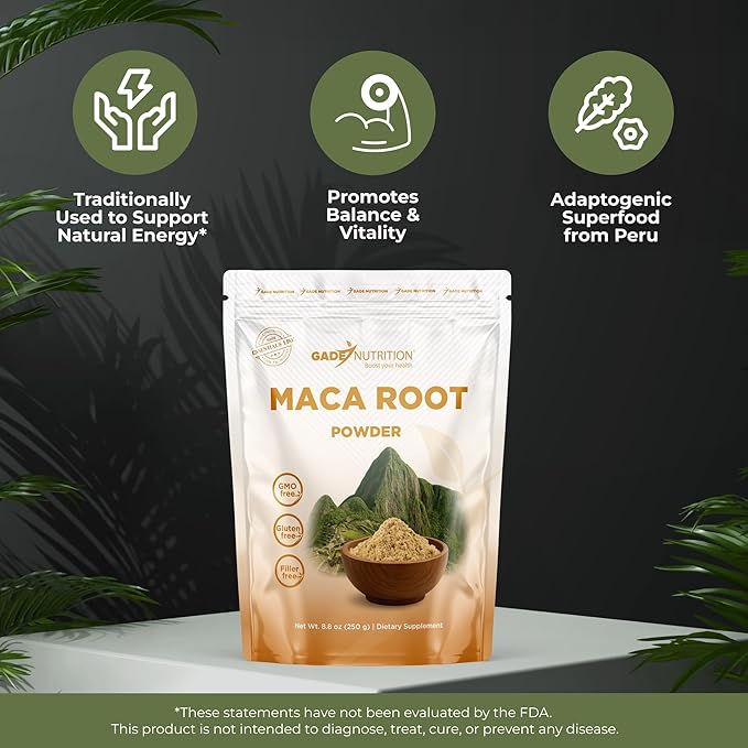 Gade Nutrition Organic Maca Root Trio Powder - Yellow, Red and Black Maca | 250g (8.8 oz) | Non-GMO, Gluten-Free, Dairy Free, Vegan | USA Ma