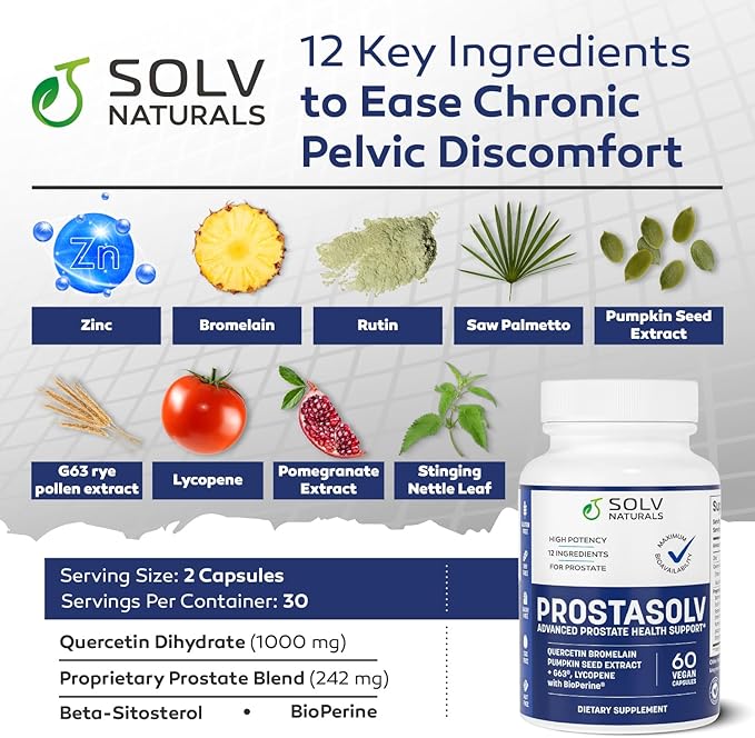 PROSTASOLV Prostate Support for Men's Health - Urinary & Prostate Health Formula with Quercetin, Bromelain, Beta-Sitosterol, Saw Palmetto for Pelvic & Prostate Comfort -60 Caps