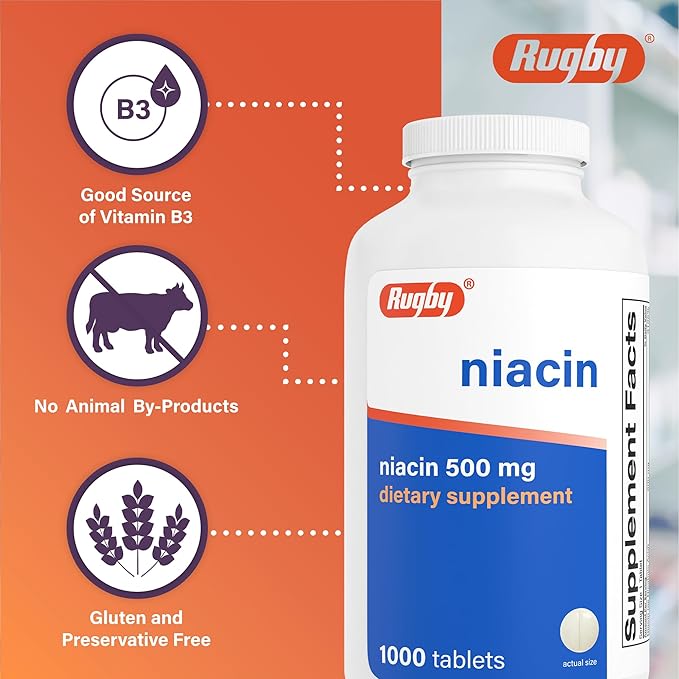 Rugby Niacin 500mg - Vitamin B3 Supplement for Men and Women - 1,000 Tablets (2-Pack)