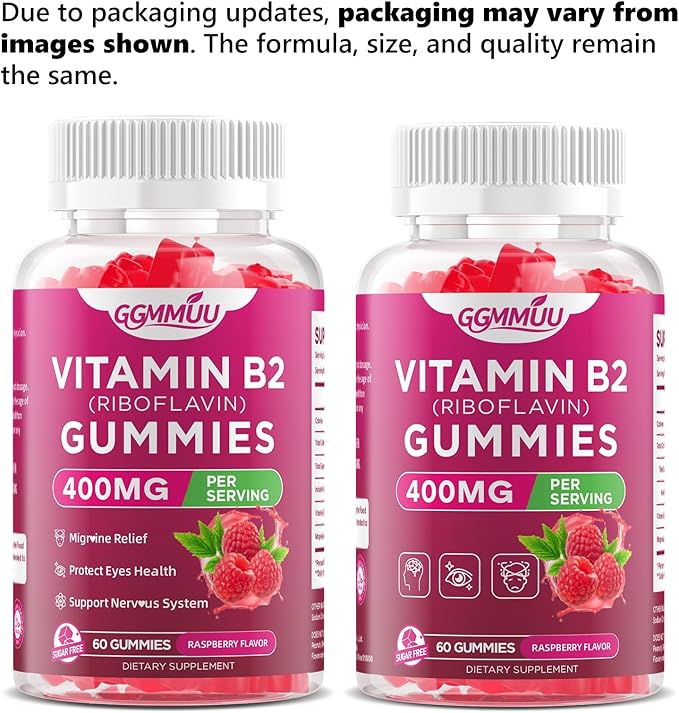Vitamin B2 Gummies Riboflavin 400mg Supplement with Magnesium for Kids & Adults B2 Gummies for Nervous System Support & Skin Health, Sugar-Free, Raspberry Flavor, 60 Count