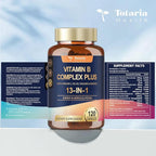 13-in-1 Vitamin B Complex Plus with Vitamin B1, B2, B3 (Niacinamide), B4, B5, B6, B7 (Biotin), B8 (Inositol), B9 (Folate), B12, C, D3, K2 - Energy, Nerve, Immune, Skin Support - 120 Vegan Capsules