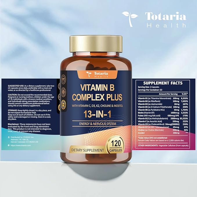 13-in-1 Vitamin B Complex Plus with Vitamin B1, B2, B3 (Niacin), B4, B5, B6, B7 (Biotin), B8 (Inositol), B9 (Folate), B12, C, D3, K2 for Energy, Nerve, Immune, Skin - 120 Caps per Bottle - 2 Bottles