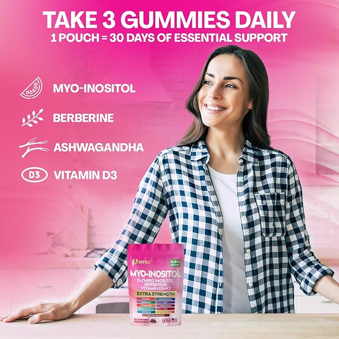 Myo-Inositol & D-Chiro Inositol Gummies with Berberine, Vitamins D3+K2, B12, Folate, Zinc, Magnesium, Ashwagandha, Chasteberry, Bioperine, DIM - 16 in 1 Supplement - Mixed Berry Flavor - 90 Gummies