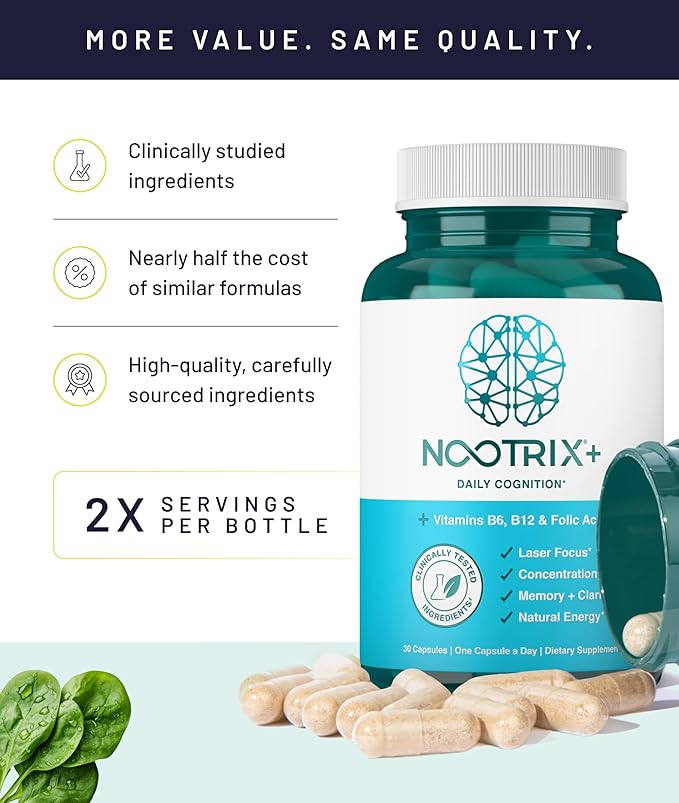 Nootrix Brain Plus Nootropic Supplement | Supports Memory, Mental Focus, Cognitive Health & Energy | Promotes Healthy Mood & Brain Function | Vitamin B1, Vitamin B6 & Vitamin B12 | 60 Capsules