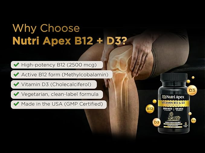Vitamin B12 2500mcg + Vitamin D3 5000 IU (125mcg) Sublingual Tablets, 60 Count, Daily Energy & Bone Support, Lab Tested, Made in USA (60 Count (Pack of 1))