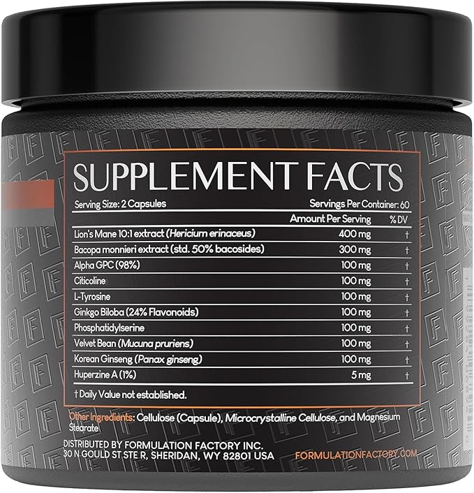 Formulation Factory BOSS Mode 10-in-1 Nootropic Cognitive Enhancement Supplement, Focus & Memory Booster, Featuring Lion’s Mane, Bacopa Monnieri, Alpha-GPC, Ginseng & More 240 Capsules (2 Pack)