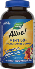 Nature's Way Alive! Men’s 50+ Daily Gummy Multivitamins, Supports Healthy Brain, Eyes, Heart*, B-Vitamins, Gluten-Free, Fruit Flavored, 150 Gummies (Packaging May Vary)