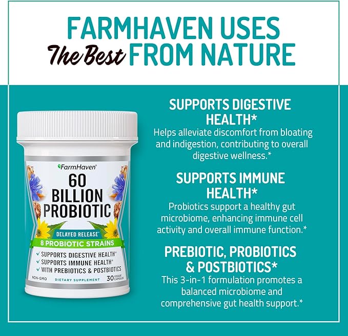 FarmHaven 60 Billion CFU Probiotic - 8 Probiotic Strains - Prebiotics & Postbiotics - Supports Digestive & Immune Health - Delayed Release - Shelf Stable - Non-GMO, Gluten Free - 30 Caps