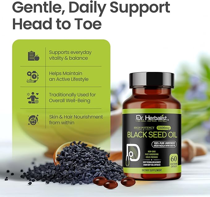 Dr. HERBALIST Black Seed Oil Capsules 1600mg - Cold Pressed Nigella Sativa Softgels with Thymoquinone | Supports Overall Wellness & Immune Vitality* | Halal, Non-GMO | 60ct