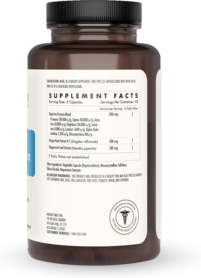 The Wellness Company Digestive Comfort - Bloat & Gas Relief, Anti-Heart Burn, IBS, Fast Acting, Gut Health - 5 Enzymes, Peppermint & Ginger Root | 60ct (1 Month Supply)