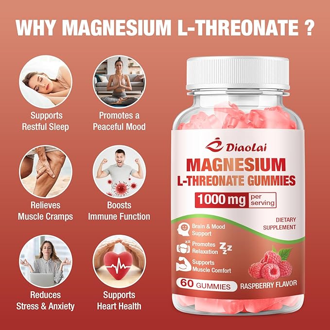 Magnesium L-Threonate Gummies 1000mg - Brain Supplement for Memory & Focus for Adults & Kids - Sugar-Free, Non-GMO, Raspberry Flavor - 60 Count