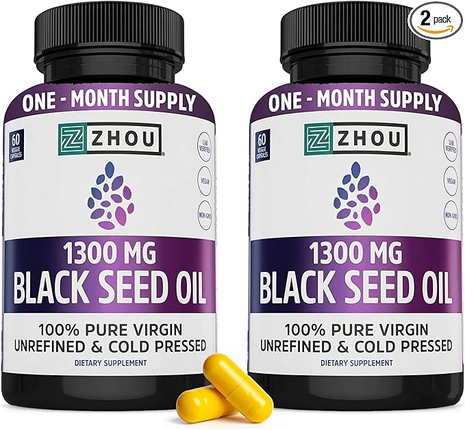 ZHOU Black Seed Oil Capsules - Black Cumin Seed Oil Cold Pressed, Nigella Sativa, Pure Unrefined Blackseed, Premium Supplement for Health, Hair & Skin w/Thymoquinone - 60 Capsules (Pack of 2)