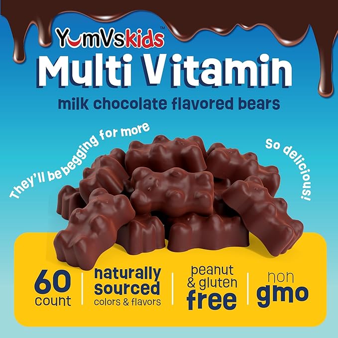 YUM-V'S Kids Multivitamin Chocolate Bears for Immune & Bone Support – 16 Kids Vitamins & Minerals with A, B Complex, Magnesium & Zinc – Daily Toddler Vitamins in Milk Chocolate – 60 Count, Pack of 1