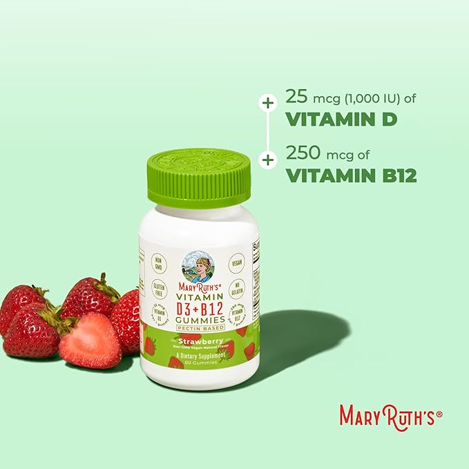 MaryRuth Organics Vegan Vitamin D3 + Vitamin B12 Gummies | 2 Month Supply | Supports Bone Health | Immune Support Supplement | Energy Supplements | Methyl B12 Vegan Non-GMO Gluten Free | 60 Servings