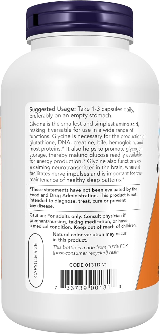 Now Supplements, Glycine 1,000 mg Free-Form, Neurotransmitter Support*, 250 Veg Capsules