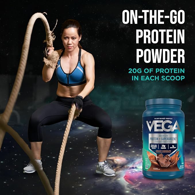 Vega Premium Protein + Supergreens, Chocolate – 20g Vegan Protein, Dairy & Gluten Free, 28.8 oz (25 Servings)