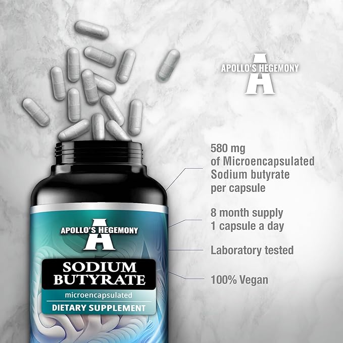 Sodium Butyrate High Dose 580 mg (30% Butyric Acid), 240 Vegan Capsules, 8 Month Supply, Sodium Supplement to Support Overal Gut Health - by Apollo's Hegemony