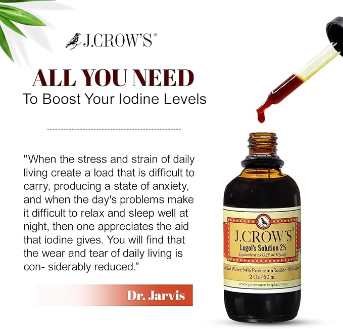 J.CROW'S® Lugol's Solution of Iodine 2% 2 oz (3 Bottles) – Premium Iodine & Potassium Iodide Liquid, Gluten &, Alcohol-Free Natural Brine Extract, No Expiration