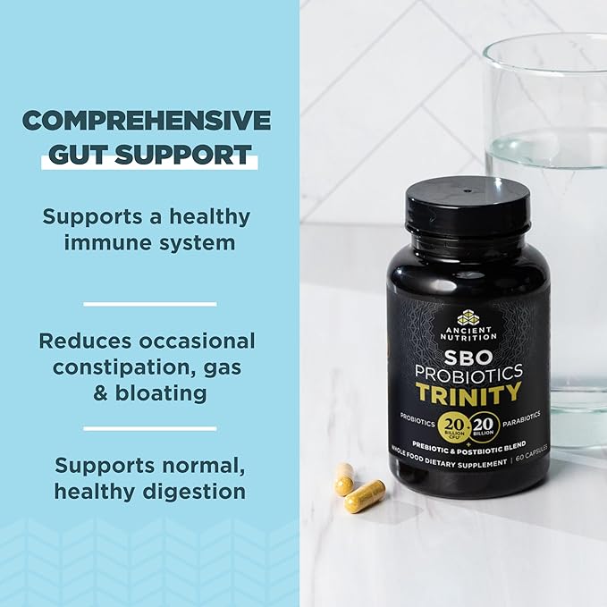 Ancient Nutrition SBO Probiotic Trinity Daily Care, Probiotics for Digestive Health, 40 Billion Blend of Prebiotics, Probiotics, Postbiotics, and Parabiotics Reduces Occasional Bloating, 60 Count