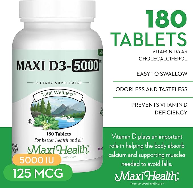 Vitamin D3 5000 IU (125 mcg) - High Dose Vitamin D 5000 IU for Healthy Bones, Teeth, Immune Support - Kosher Non GMO - High Potency Vit D3 - Pure Vitamin D Supplements for Women and Men - 180 Tablets